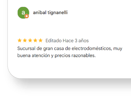 anibal tignanelli Editado Hace 3 años Sucursal de gran casa de electrodomésticos, muy buena atención y precios razonables.